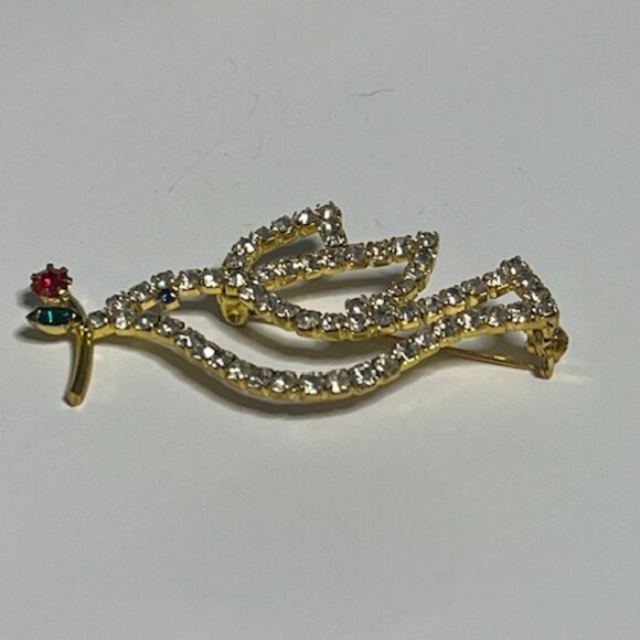 VTG Rhinestone Crystals Christmas Peace Dove Red Rose Brooch Pin 2.25" - Picture 5 of 14